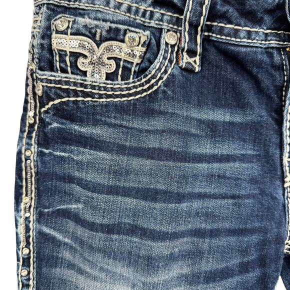 Rock Revival Kai Sequin Embellished Stitching Dark Wash Denim Crop Capri Jeans - Picture 6 of 10